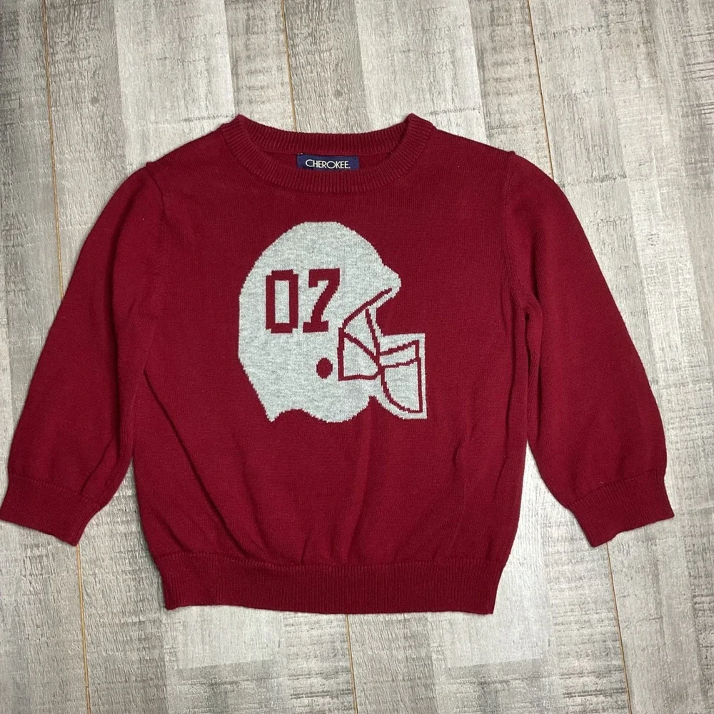 Cherokee Boys Burgundy Red Football Helmet Graphic Knit Cotton Sweater Size 2T